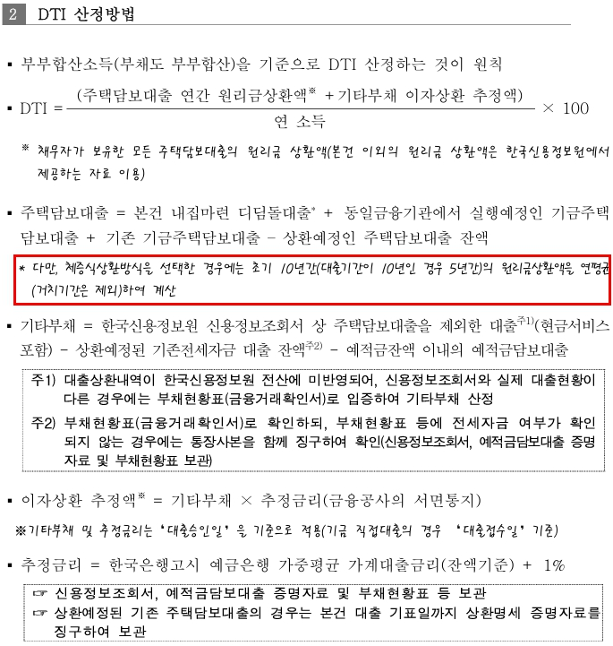 DTI 산정방법 - 주택담보대출 연간 원리금상환액과 기타부채 이자상환액 추정액의 합을 연 소득으로 나눈 비율