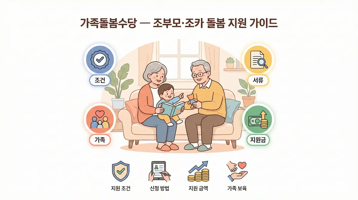 가족돌봄수당 조부모·조카 돌봄 지원 가이드를 설명하는 인포그래픽형 대표 이미지 — 조부모와 아이 일러스트와 지원 조건·신청·지원금 요약 아이콘 포함