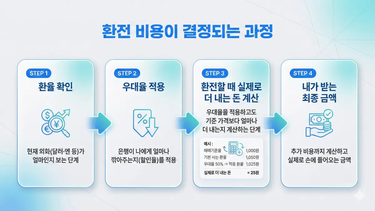 환전 비용 계산 과정 4단계 - 환율 확인, 우대율 적용, 실제 비용 계산, 최종 금액 확인