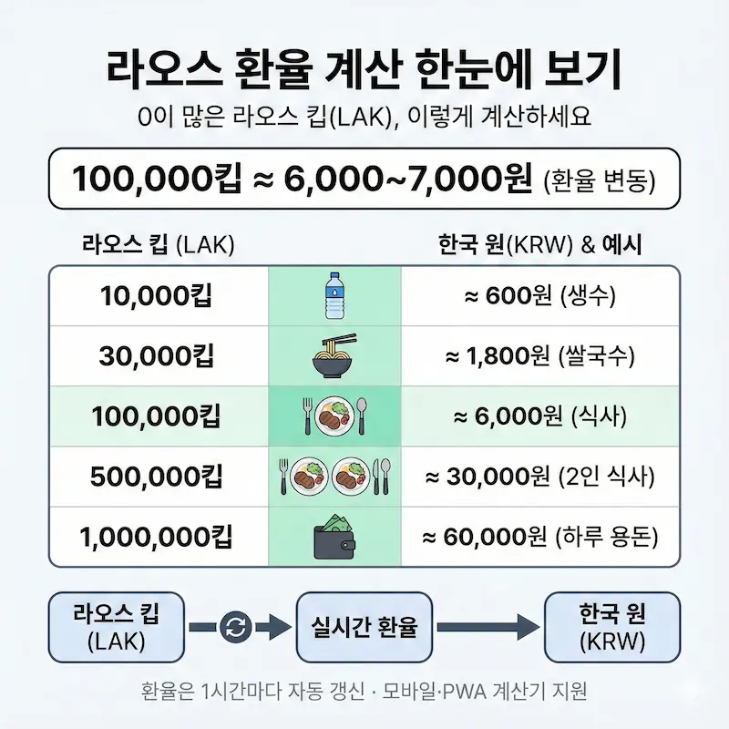 라오스 킵(LAK) 원화 환율 계산 및 환전 가이드 인포그래픽