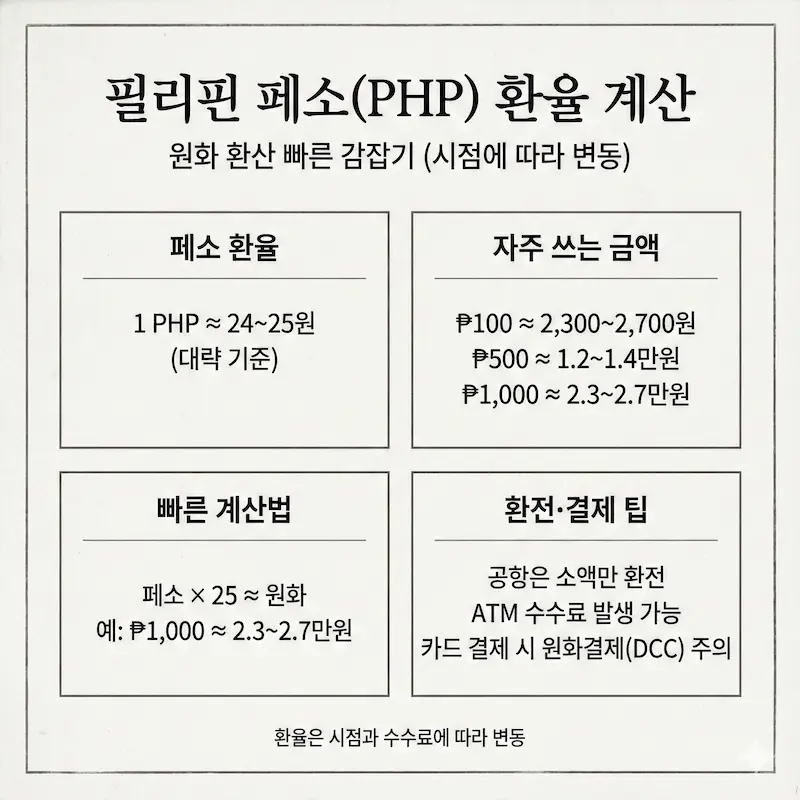 필리핀 페소(PHP) 원화 환율 계산 및 환전 가이드 인포그래픽
