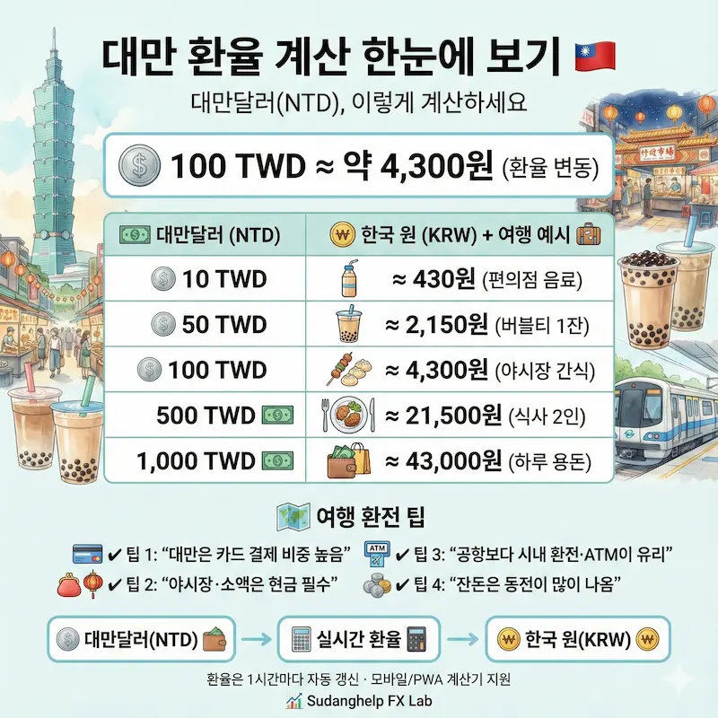 대만 달러(TWD) 원화 환율 계산 및 환전 가이드 인포그래픽