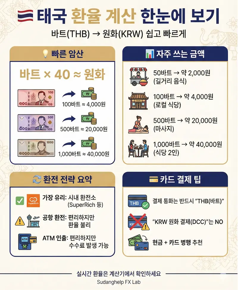 태국 바트(THB) 원화 환율 계산 및 환전 가이드 인포그래픽