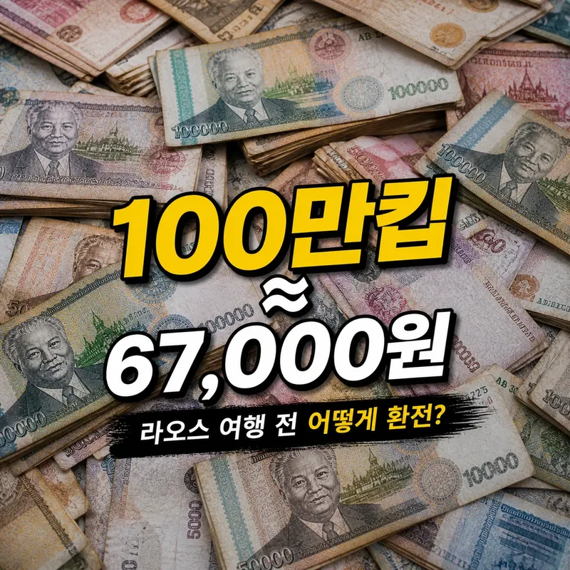 라오스 100만킵 약 67000원 환산 인포그래픽 - 라오스 지폐 다발 배경 환전 안내