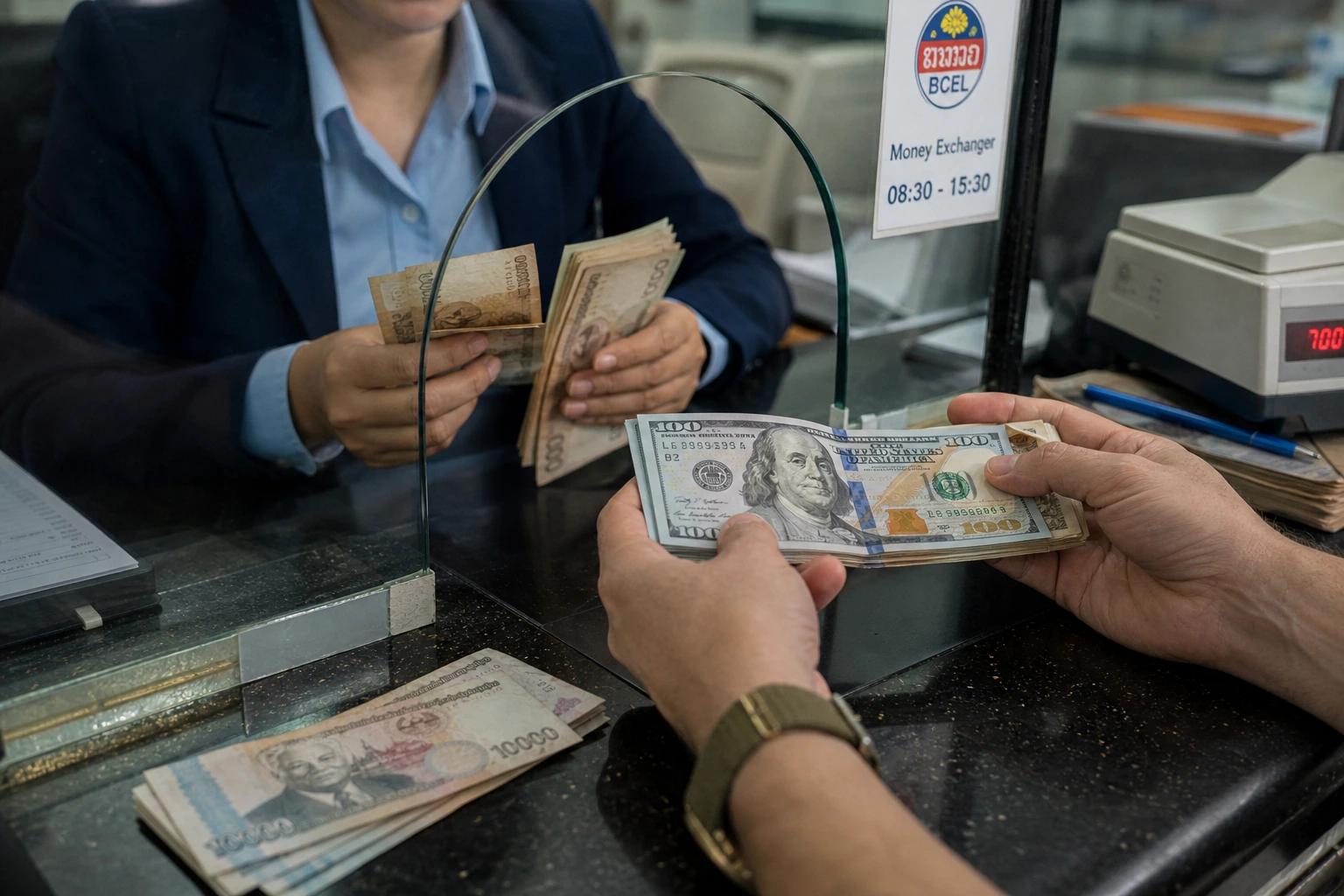 라오스 환전소에서 USD 100달러를 라오스 킵으로 이중 환전하는 실제 장면