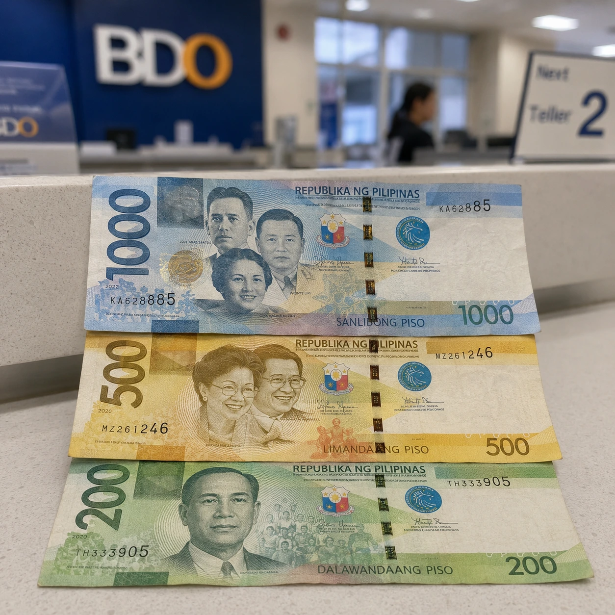 필리핀 BDO 은행 카운터 위 페소 지폐 - 1000페소(가장 큰 지폐)·500페소·200페소 권종 실물
